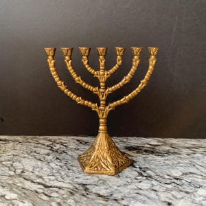 Small Brass Menorah: Vintage Seven Branch Temple Candelabra Made in Jerusalem