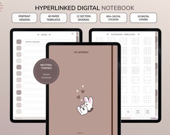 Cuaderno digital para Goodnotes y Notability, cuaderno digital con pestañas neutrales, cuaderno digital vertical con hipervínculos para iPad o tableta.