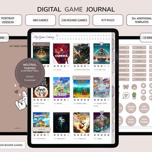Op de afbeelding: Digitaal game journal weergegeven op drie tablets. Het journal bevat 480 games, 240 bordspellen, 879 pagina's, 30+ extra sjablonen, 300+ stickers en 15 digitale covers. Het journal heeft neutrale thema's en is een instant download.