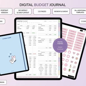 May include: Digital budget journal displayed on three tablets. The journal features a pastel theme, undated version, and includes 500+ stickers, 15 digital covers, and 135 pages. The layout is designed for both portrait and daily use.