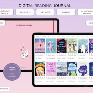May include: A digital reading journal displayed on two tablets. The left tablet shows a pink cover with a white rabbit illustration and the text MY READING JOURNAL. The right tablet displays a book library interface with various book covers and titles.