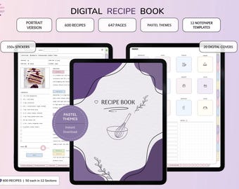 Digital Recipe Book, Digital Recipe Journal, Cookbook Recipe Planner Pastel Theme, Cute Sticker, Digital Meal Planner, Recipe Book Portrait