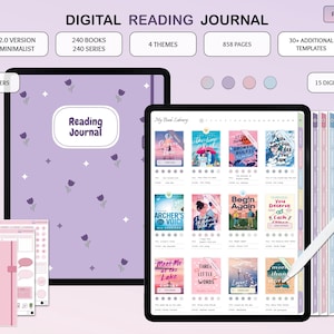 Digital läsdagbok för bokälskare | Minimalistisk bokplanerare, läslogg, klistermärken och omslag | iPad GoodNotes Notability Surfplatta