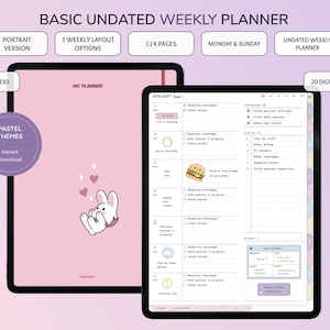 Könnte beinhalten: Ein digitaler Planer mit einem pastellrosa Cover, auf dem ein weißes Kaninchen mit Herzen abgebildet ist. Der Planer umfasst 114 Seiten, über 800 Sticker, 20 digitale Cover und 3 wöchentliche Layout-Optionen. Der Planer ist undatiert und enthält einen Abschnitt für "Kleine Schritte jeden Tag".