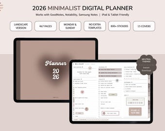 Agenda digitale 2026 per iPad: tema minimalista con paesaggio neutro