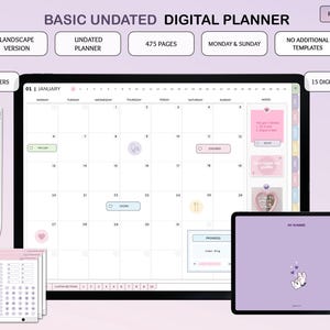 Basic Undated Digital Planner, Landscape Planner, Simple & Minimalist Planner, iPad Planner, GoodNotes Templates, Pastel Cute Stickers