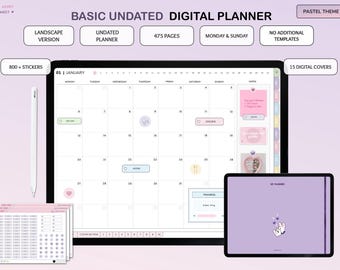Planificador digital básico sin fecha, planificador horizontal, planificador simple y minimalista, planificador para iPad, plantillas de GoodNotes, pegatinas pastel.