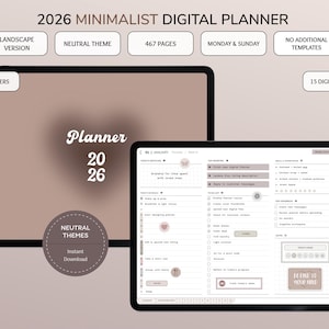 Planejador digital 2026 para iPad GoodNotes | Planejador minimalista em formato paisagem neutro | PDF mensal, semanal e diário com hiperlinks | Notability | Simples