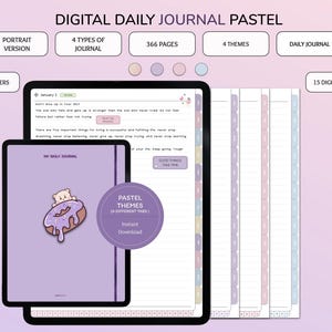 May include: Digital daily journal with pastel themes. The journal has 366 pages, 4 different themes, and 15 digital covers. It also includes 800 stickers. The journal is shown on a tablet screen with a purple background and a cute cartoon donut with a bear on top.
