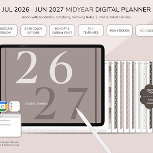 Op de afbeelding: Een digitale planner voor juli 2026 tot juni 2027 weergegeven op een tabletscherm. De interface bevat de grote cijfers 26 en 27, een stylus en meerdere tabbladen. De tekst bevat 'JUL 2026 - JUN 2027 MIDYEAR DIGITAL PLANNER' en 'NEUTRAL THEMES'.