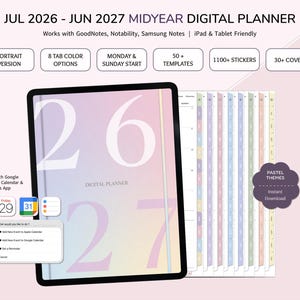 Könnte beinhalten: Ein digitaler Planer von Juli 2026 bis Juni 2027 mit einem pastellfarbenen Verlaufscover und großen Zahlen. Er enthält 8 Registerkarten-Farboptionen, über 50 Vorlagen, 1100 Sticker und 30 Cover, kompatibel mit GoodNotes und Notability.