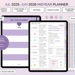 2025 2026 Mid Year Digital Planner with 4 Color Tabs for  GoodNotes, Monthly Weekly Daily, Cute Pastel Stickers, Minimalist Layout