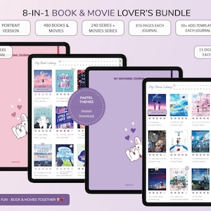 Puede incluir: Un paquete digital 8 en 1 para amantes de libros y películas. El paquete incluye diarios con temas pastel, más de 300 pegatinas y 15 portadas digitales. Los diarios tienen 876 páginas cada uno e incluyen plantillas para 480 libros y películas, y 240 series.