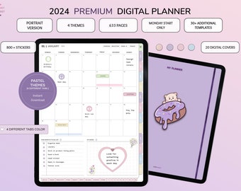 2024 Digital Planner Portrait, Digital Planner Pastel, ipad Planner, Weekly, Monthly & Daily Planner, Dated GoodNotes Planner, Cute Stickers