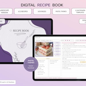 Puede incluir: Un libro de recetas digital mostrado en dos tabletas. La portada presenta una ilustración de un batidor y el texto "RECIPE BOOK". La página interior muestra una receta de tarta de queso con fresas con ingredientes e instrucciones. Incluye 612 recetas, 659 páginas, 12 plantillas de papel, 350+ pegatinas y portadas digitales extra.