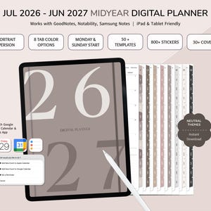 2026 2027 Mid Year Planner, Digital Planner for iPad, GoodNotes and Notability Planner, Monthly Weekly Daily Planner, Portrait Planner