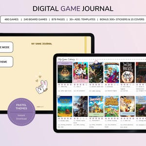 May include: A digital game journal displayed on two tablets. The left screen shows a pale yellow cover with a small white rabbit illustration and the text MY GAME JOURNAL. The right screen displays a game library grid with various game covers.