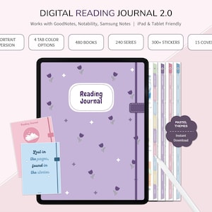 May include: A digital reading journal displayed on a tablet screen with a purple cover featuring small tulip illustrations. The interface includes text labels for 480 books, 240 series, 300+ stickers, and 15 covers, with additional pink and blue journal covers shown.