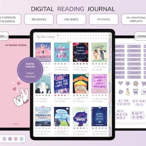 May include: Digital reading journal with pastel themes, featuring 480 books, 240 series, and 876 pages. Includes 300+ stickers, 20 digital covers, and 30+ templates. The journal is available in 4 color options.