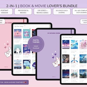 以下が含まれることがあります： 本と映画好きのためのデジタル製品バンドル。このバンドルには、480冊の本と映画のトラッカー、240本の映画シリーズのトラッカー、ジャーナルごとに876ページ、ジャーナルごとに30以上のテンプレート、ジャーナルごとに300以上のステッカー、ジャーナルごとに15のデジタルカバーが含まれています。このバンドルは、パステルテーマとポートレートバージョンを備えています。