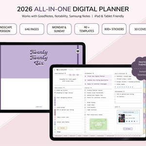 Könnte beinhalten: Ein digitaler Planer für 2026, dargestellt auf zwei Tablets. Der Planer hat ein Pastellthema und enthält 646 Seiten, über 800 Sticker und 30 Cover. Der Text auf dem Bildschirm lautet "Twenty Twenty Six".