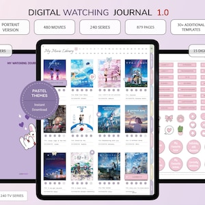 デジタル映画・シリーズジャーナル、ポートレート鑑賞ジャーナル、鑑賞テンプレート、テレビシリーズトラッカー、Goodnotes用パステル鑑賞ジャーナル