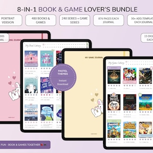 Könnte beinhalten: Ein 8-in-1 digitales Buch- und Spiele-Bundle, das mehrere Tablet-Bildschirme mit Journal-Oberflächen zeigt. Die Bildschirme präsentieren Buch- und Spielebibliotheken, pastellfarbene Cover mit Hasenillustrationen und verschiedene Vorlagen.