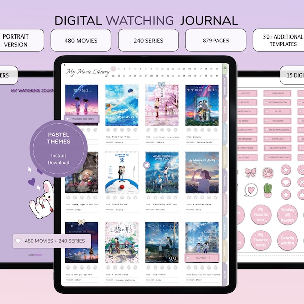 Digital Movie and Series Journal, Portrait Watching Journal, Watching Templates, Tv Series Tracker, Pastel Reading Journal for Goodnotes