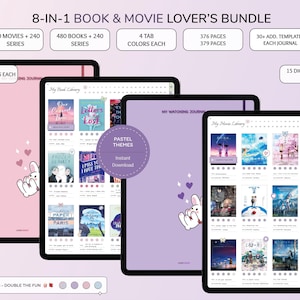 May include: An 8-in-1 Book & Movie Lover's Bundle, featuring digital journals with pastel themes. Includes 480 movies, 480 books, and 300+ stickers. The bundle offers 4 color options and 15 digital covers each. The journals have 376-379 pages.