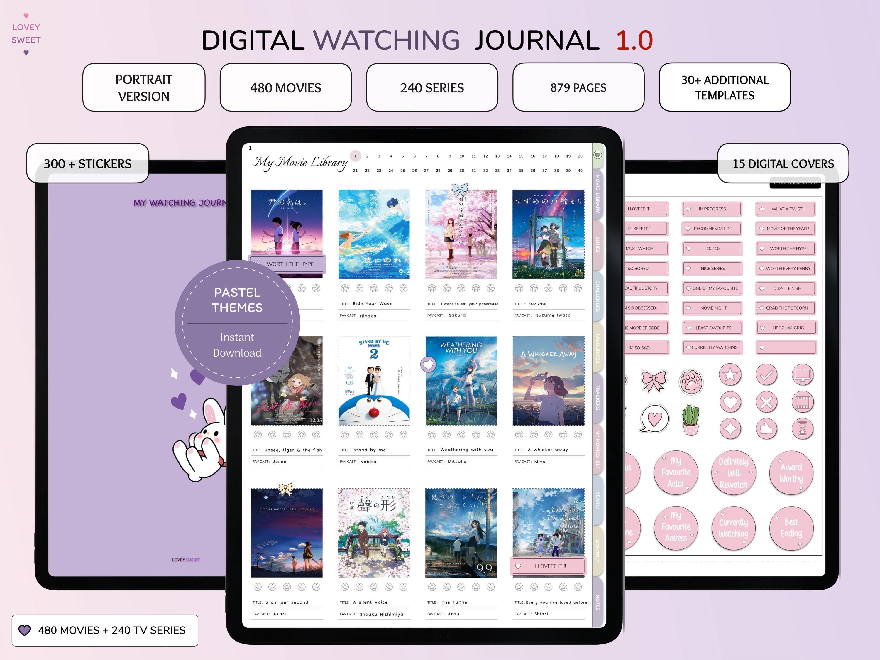 Digital Movie and Series Journal, Portrait Watching Journal, Watching Templates, Tv Series Tracker, Pastel Watching Journal for Goodnotes