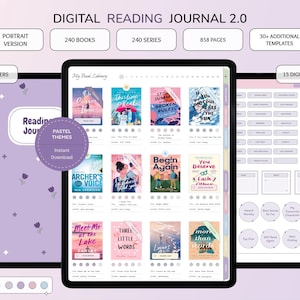 May include: Digital Reading Journal 2.0 in pastel themes. The image shows a digital journal with 240 books, 240 series, 858 pages, 30+ additional templates, 450+ stickers, and 15 digital covers. The journal is available in 4 color options.