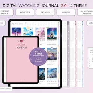 Diario digital de cine y televisión 2.0, planificador con hipervínculos para GoodNotes, diario minimalista en tonos pastel con múltiples opciones, pegatinas de películas en tonos pastel.