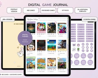Può includere: Un diario di gioco digitale visualizzato su tablet con layout verticale, 480 videogiochi, 240 giochi da tavolo, 879 pagine, oltre 300 adesivi e 15 copertine digitali. L'interfaccia include temi pastello, una libreria di giochi e vari modelli.