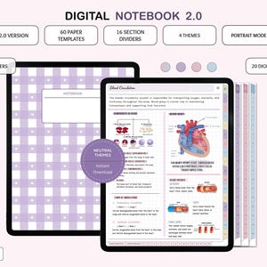 May include: Digital notebook with a pastel theme, featuring 60 paper templates, 16 section dividers, and 4 themes. Includes 800+ stickers and 20 digital covers. The notebook displays a lilac gingham pattern and a page with medical diagrams.