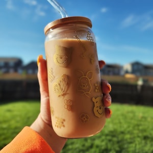 Winnie the Pooh | 20oz or 16oz Beer Can Glass | Cold Cup | Iced Coffee | Pooh Bear | Glass with Bamboo Lid and Straw | Winnie Glass