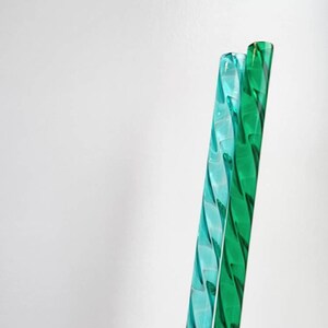 Pu&ograve; includere: Due cannucce da bere in vetro ritorte, una &egrave; di colore blu chiaro e l'altra di colore verde scuro.