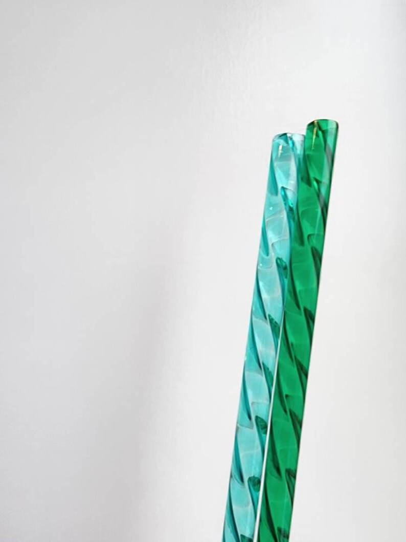 Pu&ograve; includere: Due cannucce da bere in vetro ritorte, una &egrave; di colore blu chiaro e l'altra di colore verde scuro.