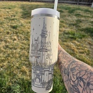 Engraved Cream Fairytale Castle 40oz or 30oz Stanley Tumbler | Magical Stanley Design | Cream 40oz or 30oz Tumbler | Birthday Gift Ideas