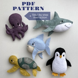 PDF Pattern felt Ocean animals plus step-by-step tutorials. Set of 5 PDF Patterns sea animal toys. DIY Ocean nursery decor