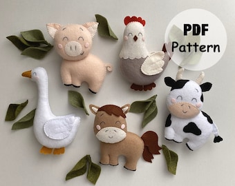 Farm animals PDF pattern, felt pattern Cow Horse Pig Chicken Goose, Set of 5 PDF patterns pets, Sewing pattern Farm animals, Felt Pattern