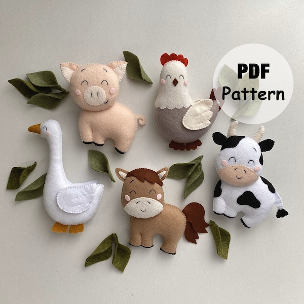 Farm animals PDF pattern, felt pattern Cow Horse Pig Chicken Goose, Set of 5 PDF patterns pets, Sewing pattern Farm animals, Felt Pattern