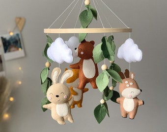 Woodland baby mobile, baby crib mobile with forest animals hare deer bear fox, forest baby mobile, woodland nursery decor