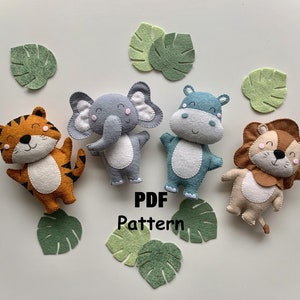 Safari animals PDF Patterns, Felt Pattern Elephant Tiger Lion Hippo, Tutorial sewing felt toys, Felt safari animals, Safari nursery decor