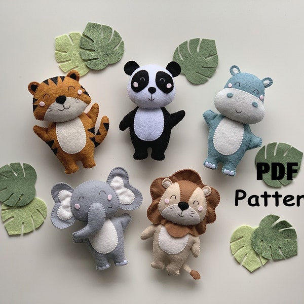 Safari animals PDF Pattern, Felt Pattern Hippo Elephant Lion Panda Tiger, Sewing pattern, Felt safari animals, Safari nursery, Felt tutorial