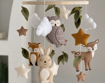 Woodland baby mobile, woodland mobile with forest animals deer hare fox owl, forest baby mobile, neutral mobile, woodland nursery decor