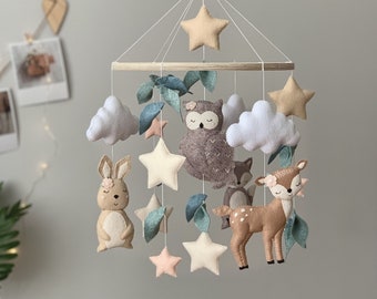 Woodland baby mobile neutral, baby mobile with forest animals deer hare fox owl, forest baby crib mobile, neutral woodland nursery decor