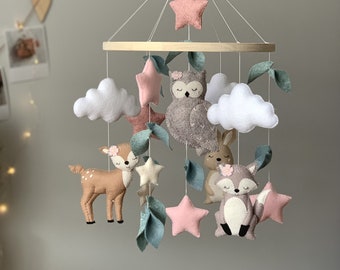 Woodland baby mobile, forest baby mobile for girl, baby crib mobile with forest animals deer hare fox owl, nursery decor woodland theme