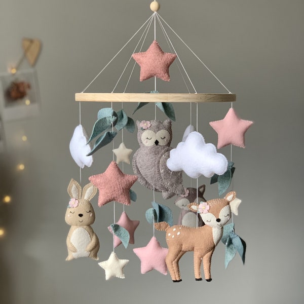 Woodland baby mobile, baby mobile with forest animals deer hare fox owl, forest baby crib mobile, woodland nursery decor, mobile for girl