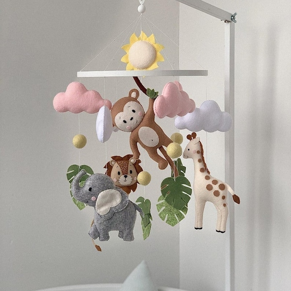 Baby mobile safari, nursery decor safari, baby mobile safari girl, animals of africa, mobile safari elephant giraffe monkey, mobile girl