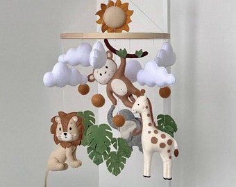 Safari baby mobile, baby crib mobile with safari animals elephant giraffe monkey, neutral baby mobile, nursery decor safari, jungle mobile